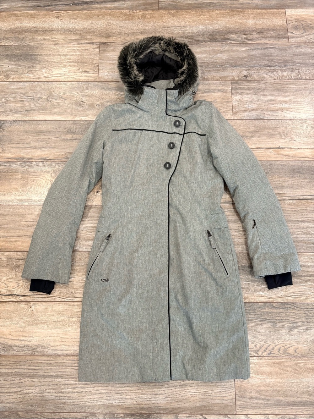 Lole Heather Gray Long Insulated Trench Coat with Faux Fur Hood